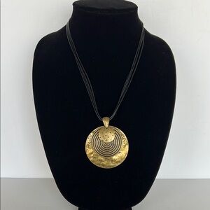 Elegant Vintage Brass and Leather Pendant Necklace